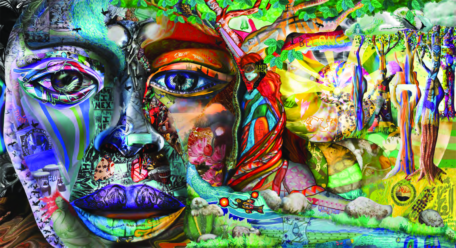 Colour mural with a persons face, emphasis on the eyes and a forest in the back. 