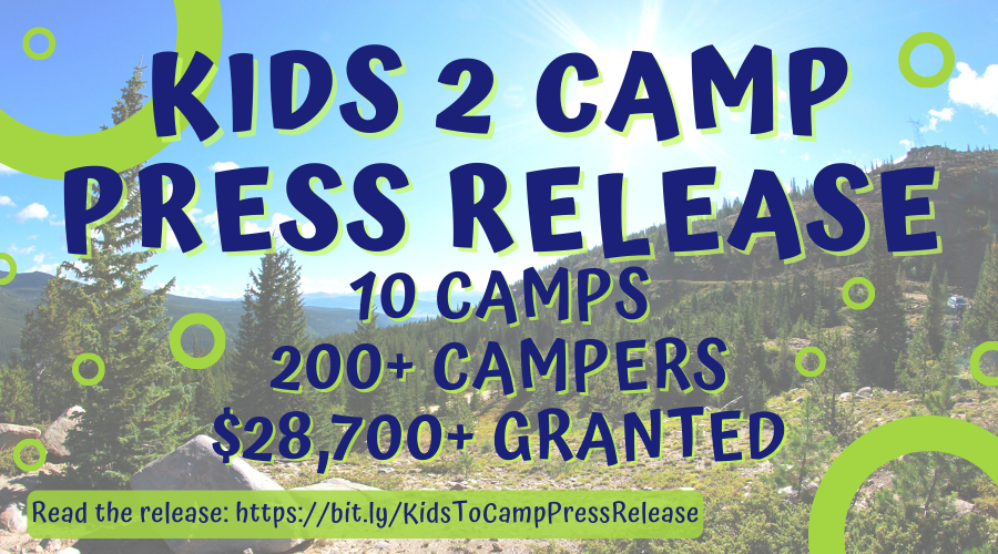 "Kids 2 Camp Press Release 10 Camps 200+ Campers $28700+ Granted" green and blue whimsical text over a lightened camp related landscape background with green circle embellishments