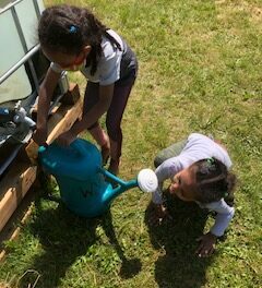 Two small girls getting water from the pump to fill their blue watering can while one inspects the can