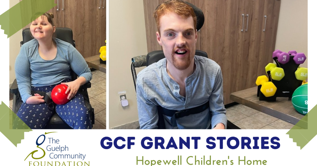 GCF Grant Stories Hopewell Children's Home: Two photos of visibly handicapped young adults smiling with handheld workout items