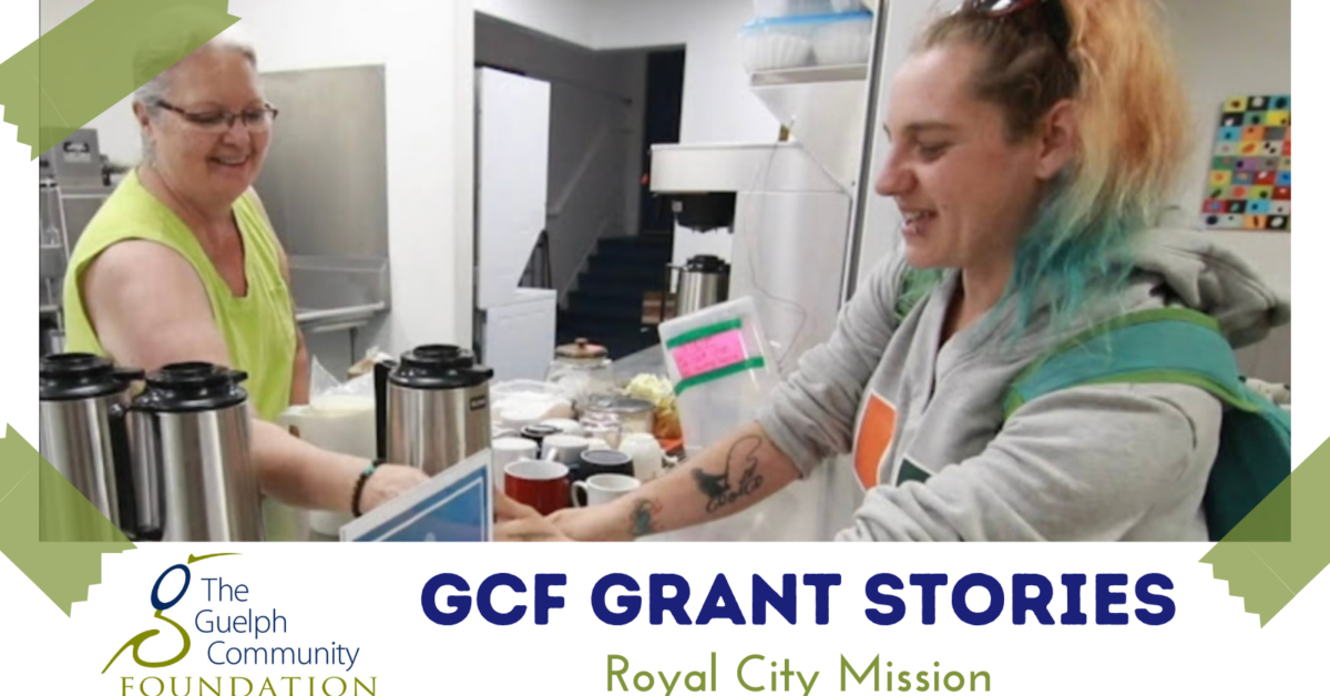 GCF Grant Stories Royal City Mission: Photo of an older white woman handing a mug to a younger blonde woman in a cafe setting
