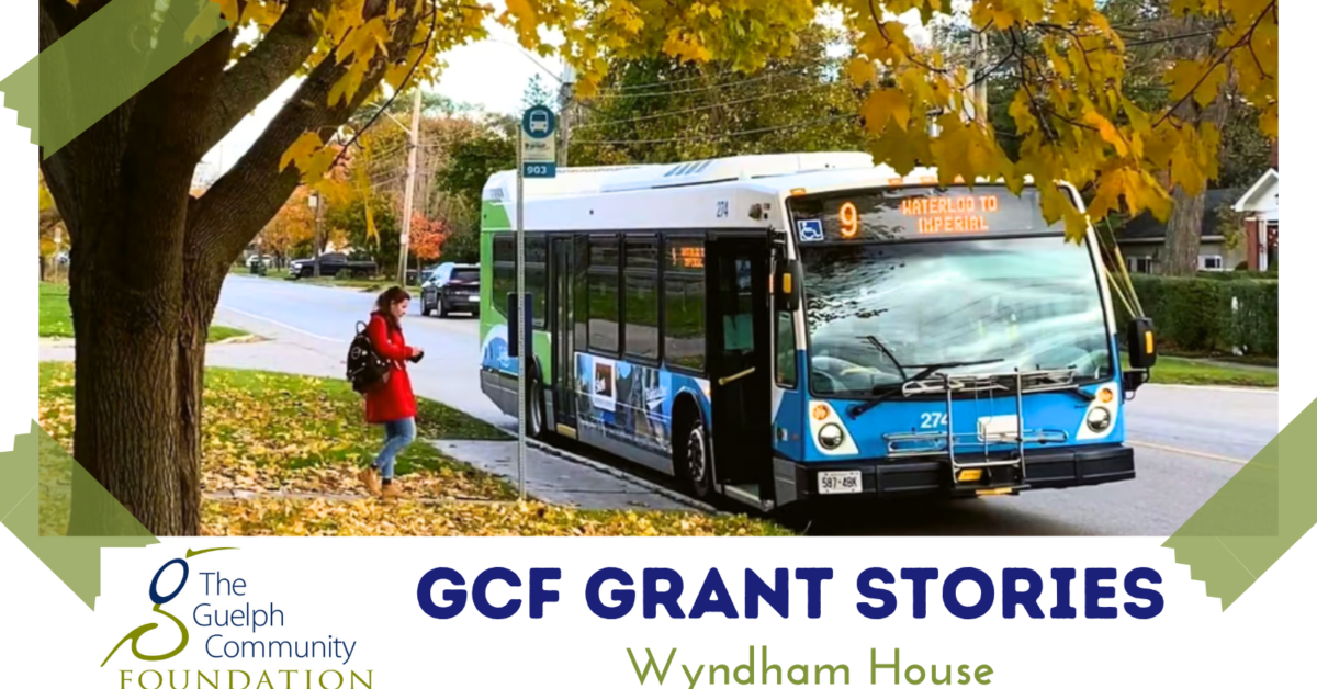 GCF Grant Stories Wyndham House: GRT blue city bus picking up a person on the side of a road in the fall