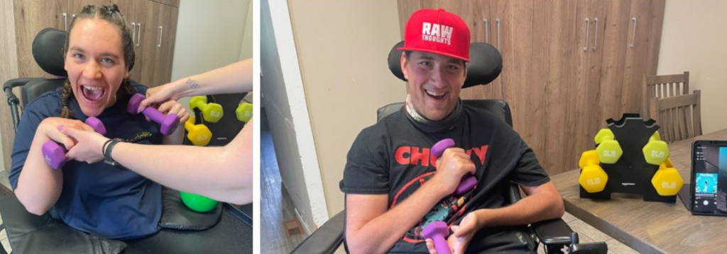 Two photos of smiling visibly disabled young adults holding weights