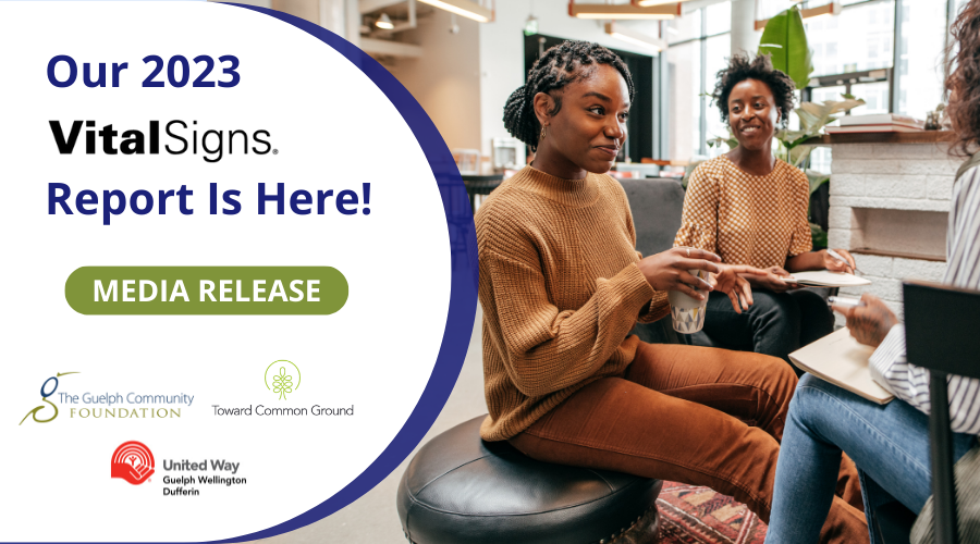 Vital Signs 2023 Media Release: Our 2023 Vital Signs Report Is Here! Three women sit and chat as they hold books in their lap.