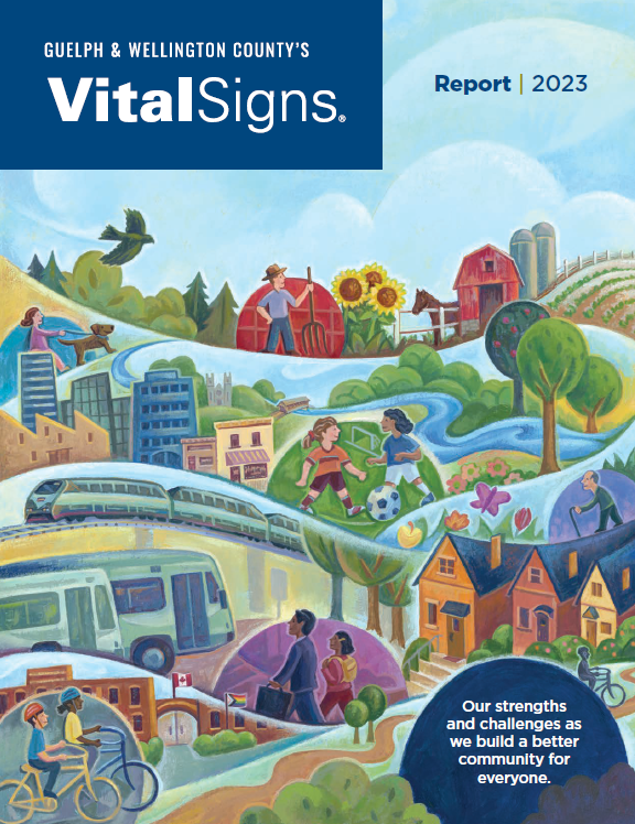 The cover of the 2023 Vital Signs Report. The cover art shows a community of people playing and working.