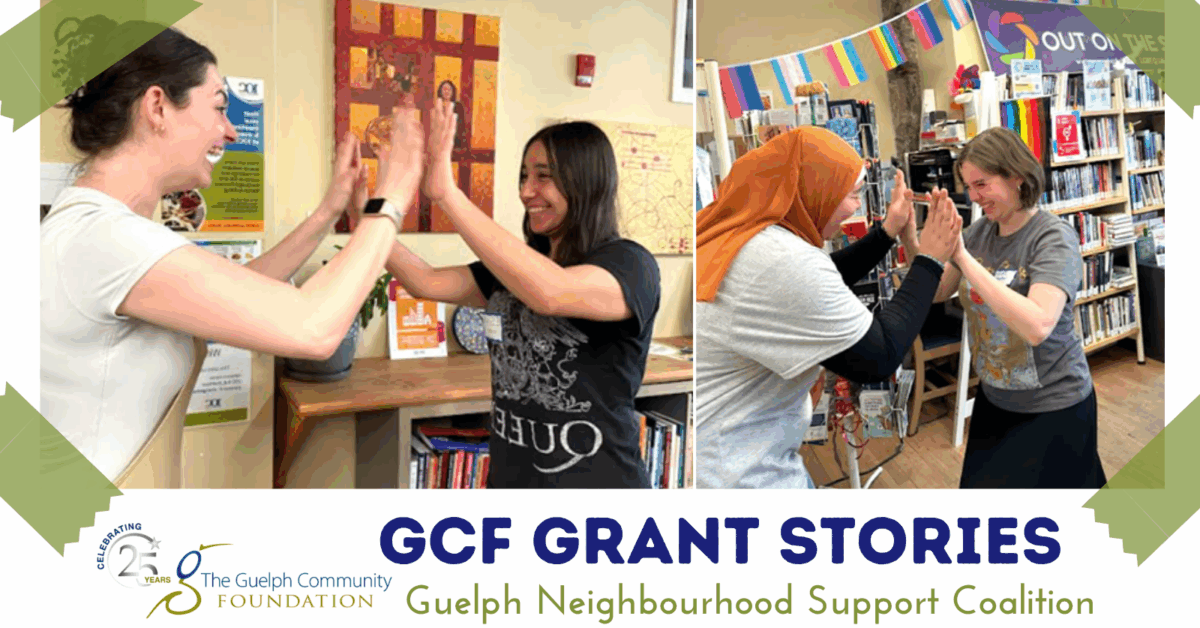 Two pairs of women engaging in a hand-clapping activity inside community spaces filled with books and colorful decorations.