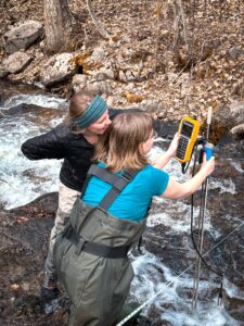 Two people standing in a rocky stream using electronic equipment to measure water data with a flowing creek in the background.