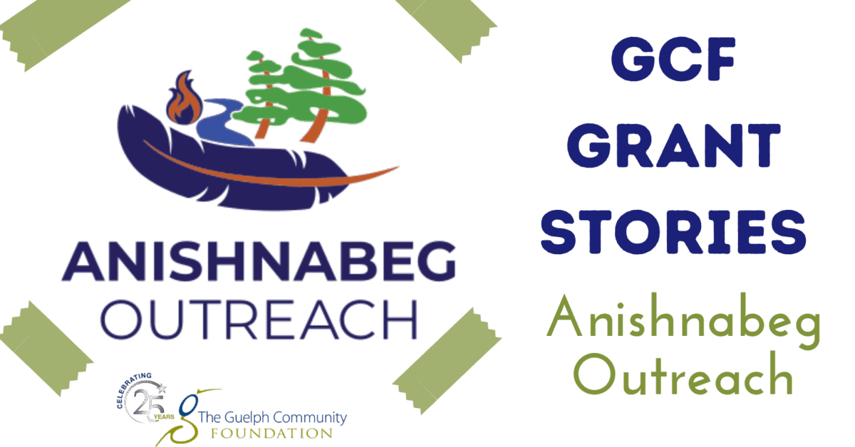 Anishnabeg Outreach Logo, a blue feather with green trees and a river and fire. GCF Grant Stories Anishnabeg Outreach