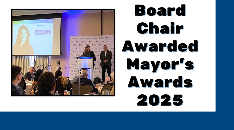 Graphic with Text 'Board Chair Awarded Mayor's Awards 2025' with a photo, Two speakers, Carly and Cam, delivering a presentation at a formal business event with audience seated at round tables in a banquet hall with the projector screen reading 'Carly O'Brien Award Recipient'