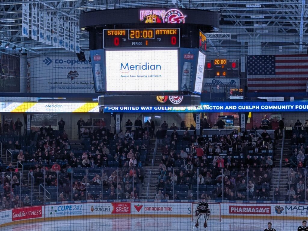 Guelph Storm Hockey Arena with the Meridian logo on the jumbotron