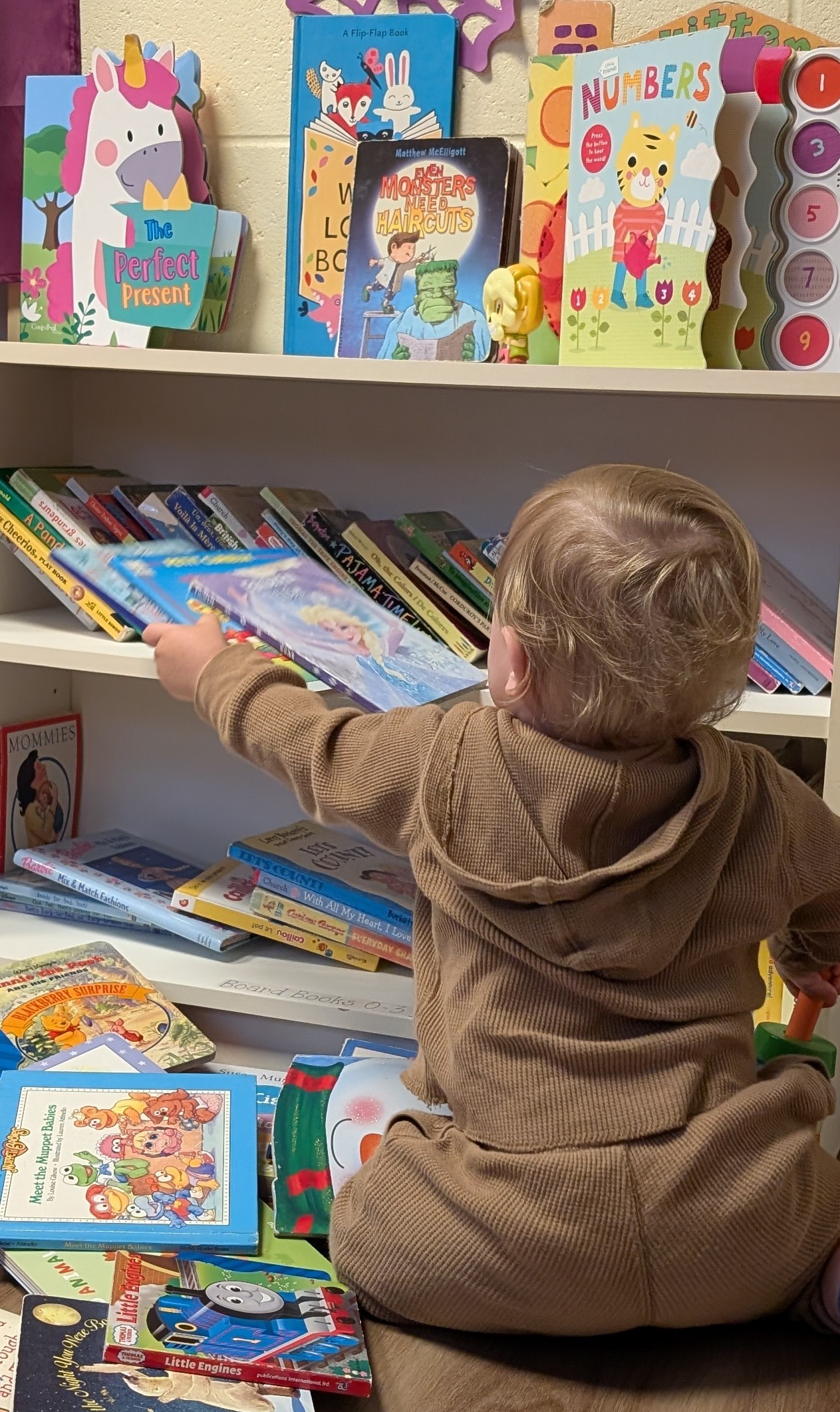 CG 2025 Children's Reading Room (1) Toddler in a brown hoodie reaching for a book on a low shelf filled with children's books in a reading room.
