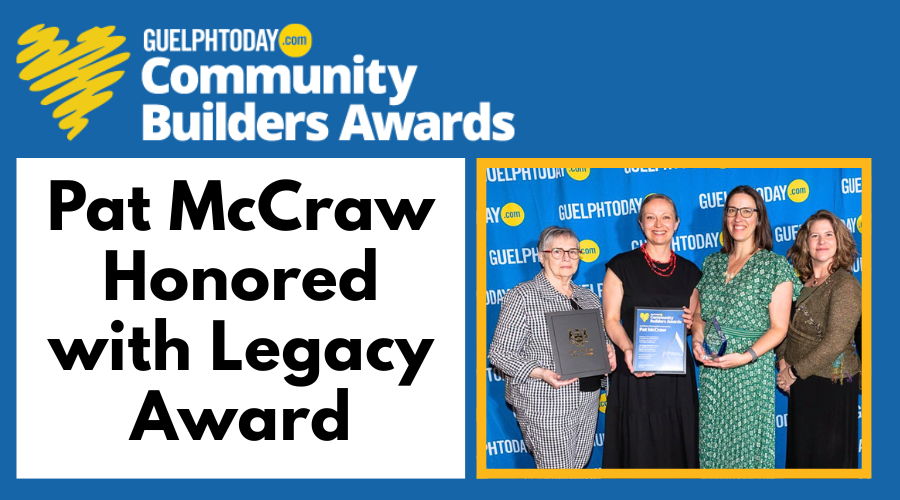 Graphic blue background, Community Builders Award with Photo of Awardees