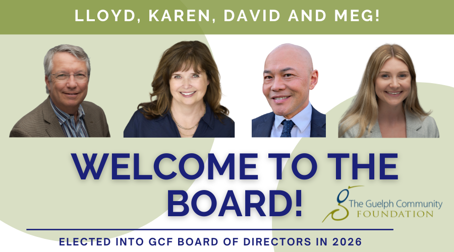 Four headshots of professionals in business attire against a green background with text: Welcome to the board! Names above Lloyd, Karen, David and Meg!