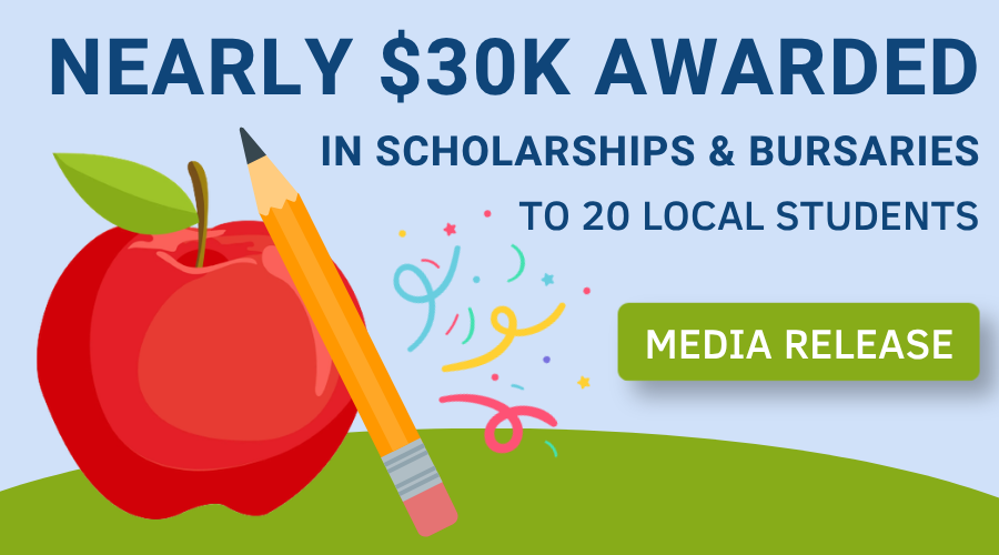 Graphic showing clip art of a pencil and apple with text "Nearly $30K awarded in scholarships to 20 local students"