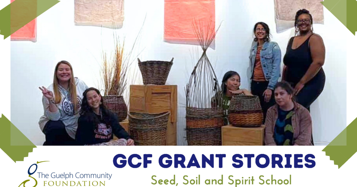 Group of five people posing with woven baskets and wooden crates in a bright room. Text reads GCF Grant Stories Seed, Soil and Spirit School.