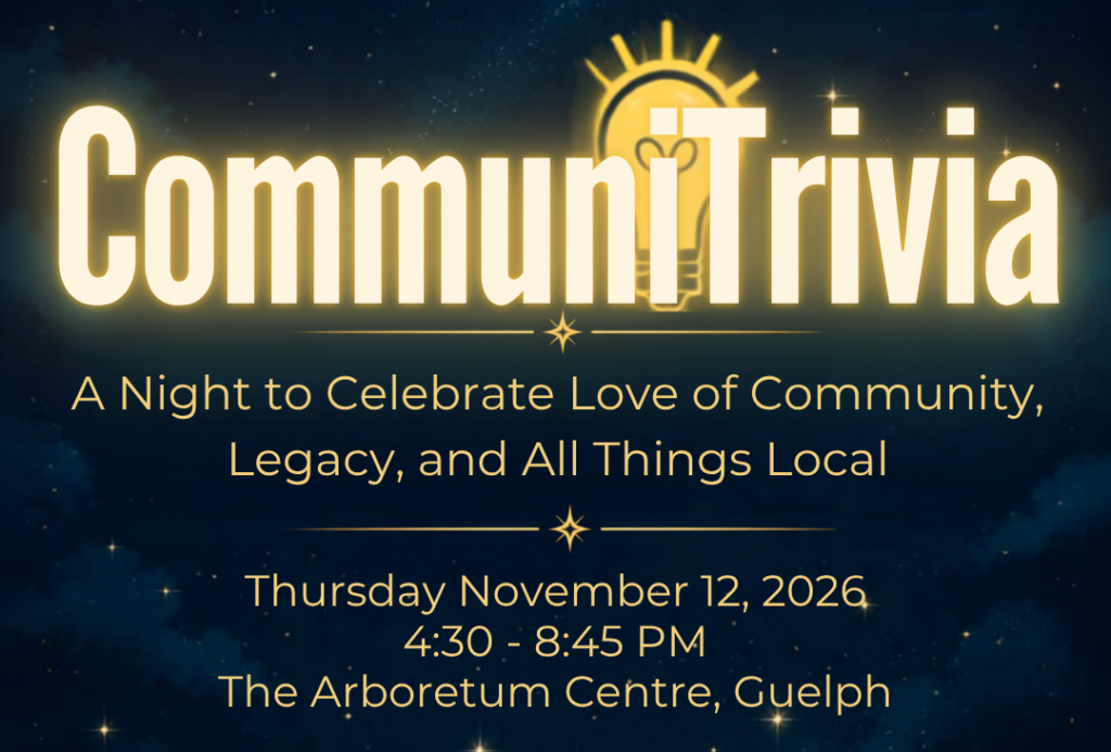 Graphic of a dark starry night sky with yellow CommuniTrivia event logo with glowing lightbulb and tagline "A Night to Celebrate Love of Community, Legacy, and All Things Local"