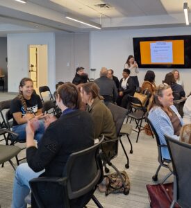 Attendees engage in conversation in small circles during a networking exercise at the Finding Abundance symposium.