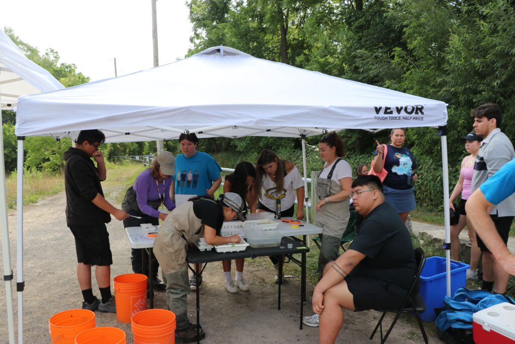 Group of young people gathered under a white canopy tent outdoors, engaging in water testing activities around a table with orange water buckets.