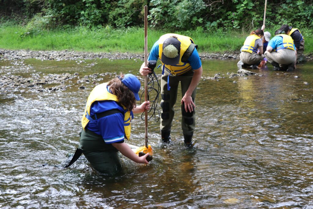 Two young people in life jackets and waders measuring water depth in a shallow stream surrounded by greenery.