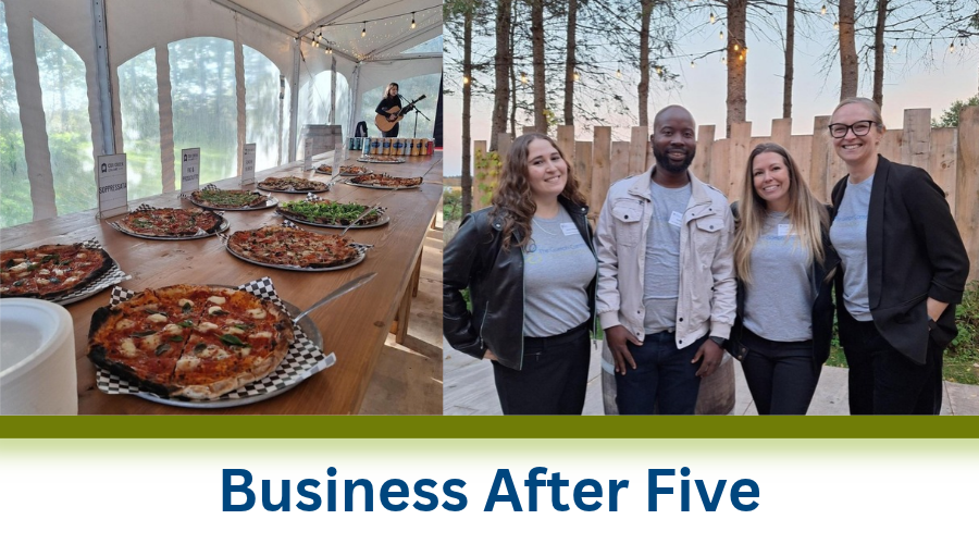 Photo of pizzas and a musican, beside a photo of four colleagues smiling outdoors in casual attire with trees and string lights. Text below reads Business After Five